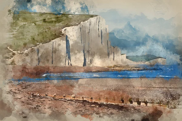 Digital Watercolour Painting Landscape Seven Sisters Cliffs South Downs National — Stock Photo, Image