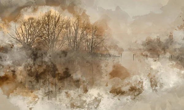 霧の中で湖の美しい静かな風景のデジタル水彩画 — ストック写真