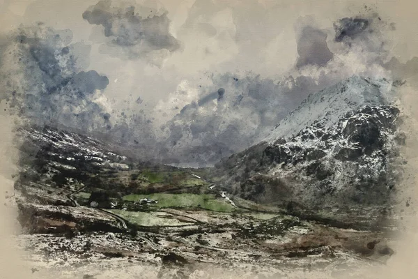 Cyfrowe Malarstwo Akwarelowe Piękny Obraz Krajobrazu Zimie Llyn Gwynant Snowdonii — Zdjęcie stockowe