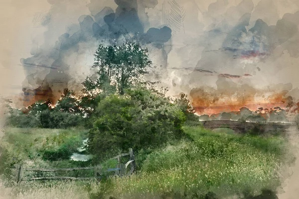 Digital Akvarellmålning Häpnadsväckande Pulserande Sommarsoluppgång Över Engelskt Landskap — Stockfoto