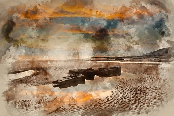 Цифровая Акварельная Живопись Потрясающего Пейзажа Заката Над Заливом Данрейвен Уэльсе — стоковое фото