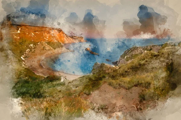 Digital Watercolour Painting Stunning Natural Cove Coastal Landscape Sunset Beautiful — Stock Photo, Image