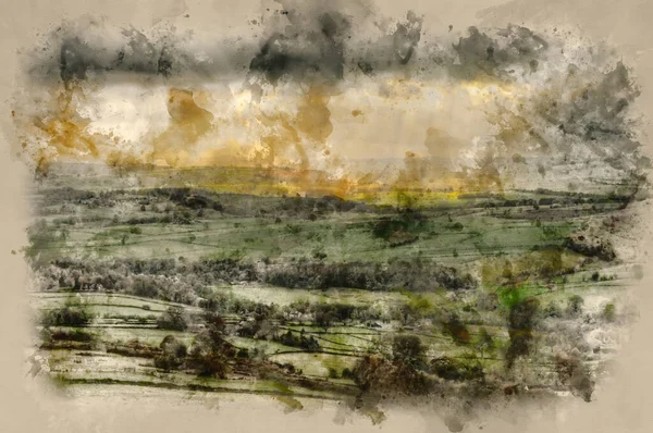 Pittura Digitale Acquerello Raggi Sole Sopra Big Moor Nel Peak — Foto Stock