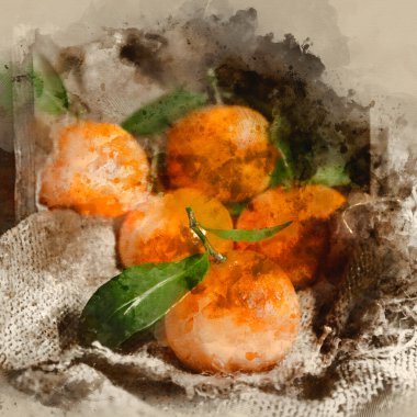 Portakalların dijital suluboya tablosu eski ahşap kutu ve kestane çuvalıyla kırsal alanda sap üzerinde.