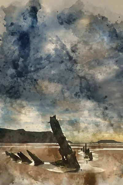 Цифровая Акварельная Живопись Пейзаж Изображением Кораблекрушения Пляже Закате Летом — стоковое фото