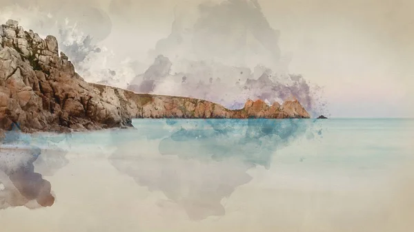 Digitale Aquarel Schilderij Van Prachtige Zonsondergang Landschap Beeld Van Porthcurno — Stockfoto