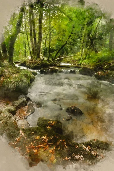 Digitale Aquarellmalerei Von Atemberaubender Flusslandschaft Die Durch Üppigen Wald Fließt — Stockfoto