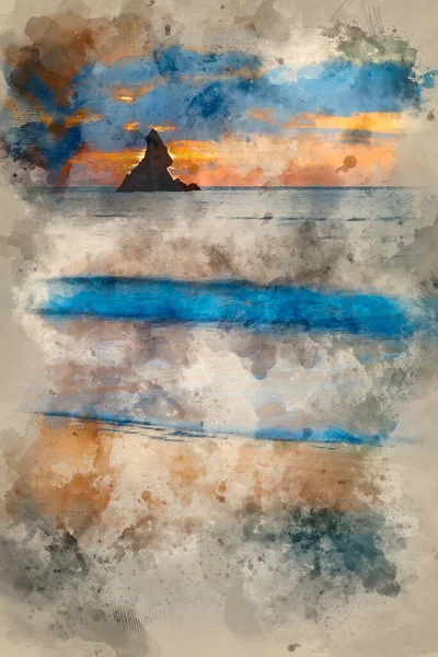 Digital Watercolour Painting Stunning Sunrise Landsdcape Idyllic Broadhaven Bay Beach — ストック写真