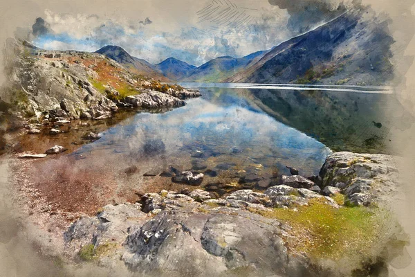 Cyfrowe Malarstwo Akwarelowe Oszałamiający Krajobraz Wast Water Górami Odbitymi Spokojnej — Zdjęcie stockowe