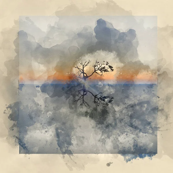 Digital Watercolour Painting Conceptual Image Single Tree Still Water — Stock Photo, Image