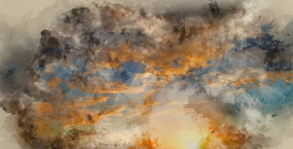 Digital Watercolour Painting Beautiful Winter Landscape Vibrant Sunset Sky — ストック写真