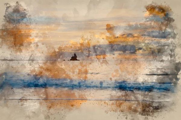 Digitální Akvarel Malba Ohromující Východ Sluncemys Idylické Broadhaven Bay Pláž — Stock fotografie