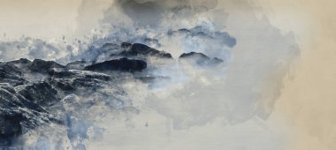 Gün doğumunda kayaların üzerinde durgun deniz manzarasının dijital suluboya resmi