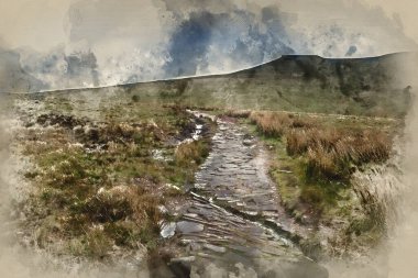 Brecon Beacons Ulusal Parkı 'nın dramatik gökyüzü ile güzel manzarasının dijital suluboya resmi