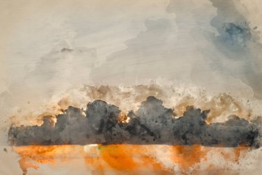 Güzel Yaz Günbatımının dijital suluboya tablosu saman balyalarıyla kırsal arazi üzerinde