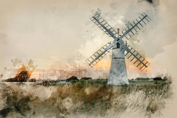 Digitales Aquarell Von Atemberaubender Landschaft Mit Windmühle Und Fluss Bei — Stockfoto