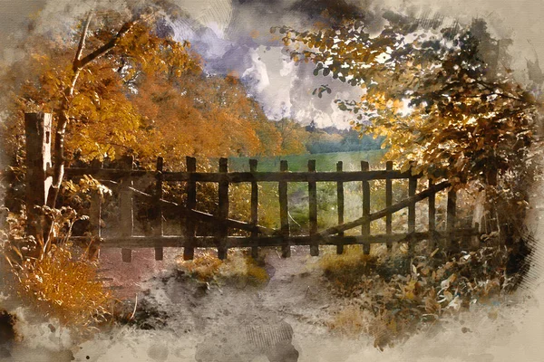 Digital Watercolour Painting Old Countryside Rustic Gate Autumn Landscape Field — Stock Photo, Image