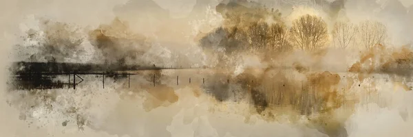 Digitální Akvarel Malba Krásné Klidné Panorama Krajiny Jezera Mlze — Stock fotografie