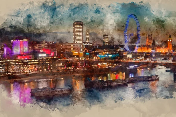 Digital watercolour painting of London night skyline including Houses of PArliament, London Eye and South Bank