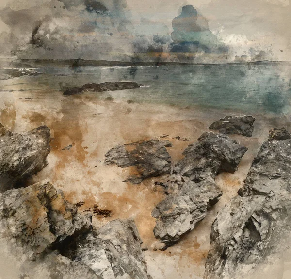 Digitální Akvarel Malba Ohromující Krajiny Východu Slunce Godrevy Pobřeží Cornwallu — Stock fotografie