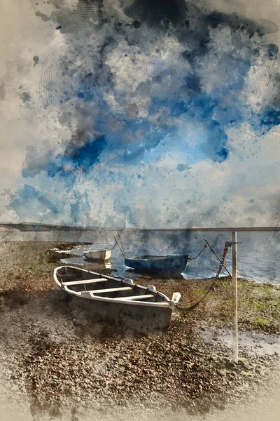 Digital Akvarellmålning Vacker Solnedgång Landskap Bild Båtar Förtöjda Fleet Lagoon — Stockfoto