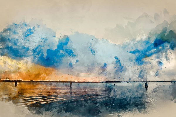 Pintura Digital Acuarela Imagen Del Paisaje Atardecer Sobre Laguna Venecia —  Fotos de Stock