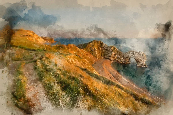 Pintura Digital Acuarela Impresionante Imagen Paisaje Atardecer Durdle Door — Foto de Stock