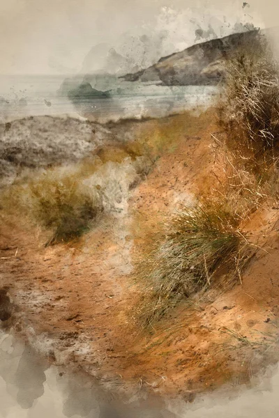 Цифровая Акварельная Живопись Красивый Пейзаж Западного Пляжа Песчаными Дюнами Пембрукшире — стоковое фото