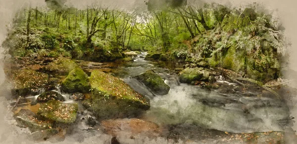 Aquarelle Numérique Paysage Iamge Rivière Coulant Travers Forêt Verte Luxuriante — Photo