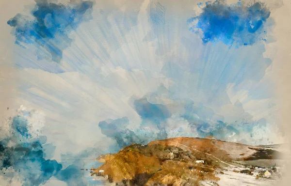 Pintura Aquarela Digital Paisagem Nascer Sol Sobre Costa Rochosa — Fotografia de Stock