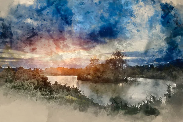 Pintura Aquarela Digital Belo Pôr Sol Outono Sobre Paisagem Lago — Fotografia de Stock