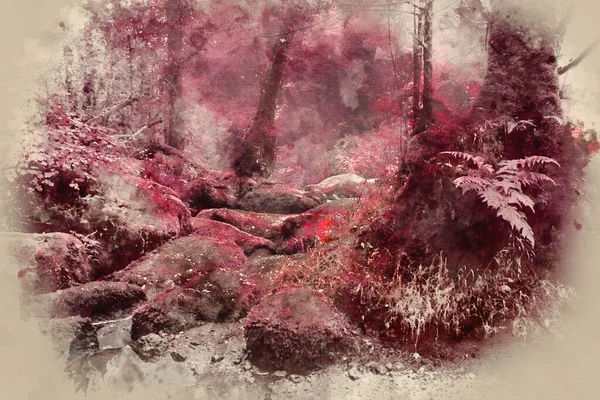 Cyfrowy Obraz Akwareli Piękny Surrealistyczny Alternatywny Kolor Krajobraz Lasu — Zdjęcie stockowe
