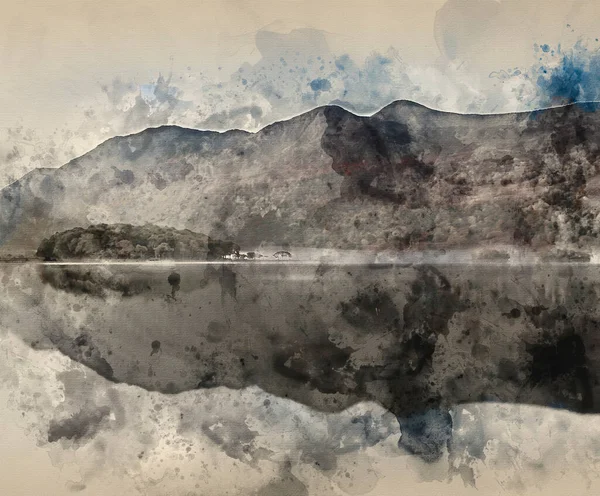 英格兰湖区日出时悬空秋季景观图像的数字水彩画 — 图库照片