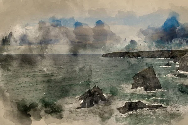 Digitale Aquarel Schilderij Van Mooi Landschapsbeeld Van Bedruthan Steps Cornwall — Stockfoto