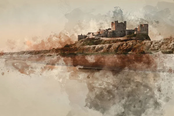 Pintura Digital Acuarela Impresionante Imagen Paisajística Del Castillo Bamburgh Costa — Foto de Stock