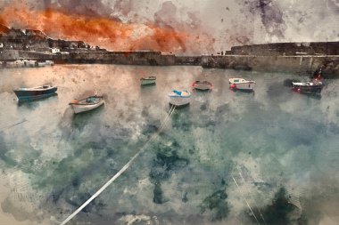 Cornwall İngiltere 'de güneş doğmadan önce geleneksel bir Cornish balıkçı köyünün dijital suluboya resmi.