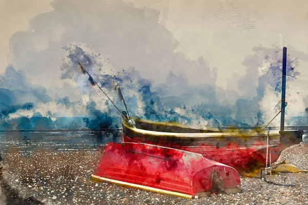 日出时小渔船景观图像的数字水彩画 — 图库照片