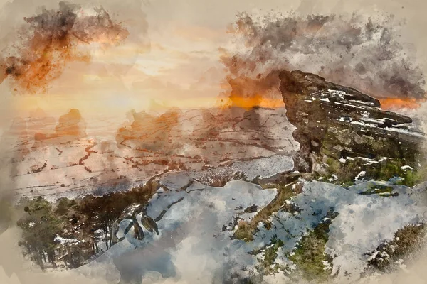 Kar Üzerinde Sunset Dijital Suluboya Resmi Önplanda Kayalarla Kaplı Kış — Stok fotoğraf