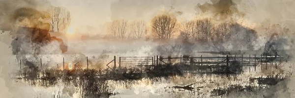Pittura Digitale Acquerello Bellissimo Panorama Tranquillo Paesaggio Del Lago Nella — Foto Stock