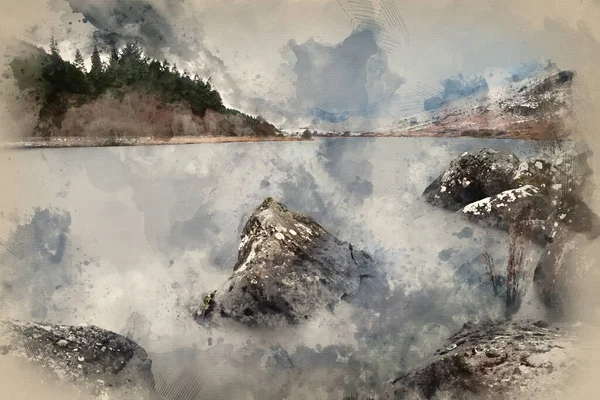 Digitale Aquarellmalerei Des Wunderschönen Sonnenaufgangs Winter Von Llynnau Mymbyr Snowdonia — Stockfoto