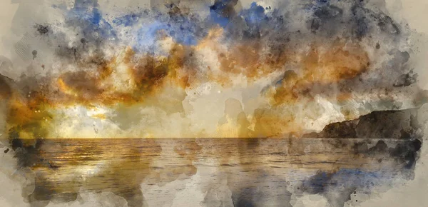 Digital Watercolour Painting Stunning Landscape Ocean Sunset Dramatic Clouds — Stock Photo, Image