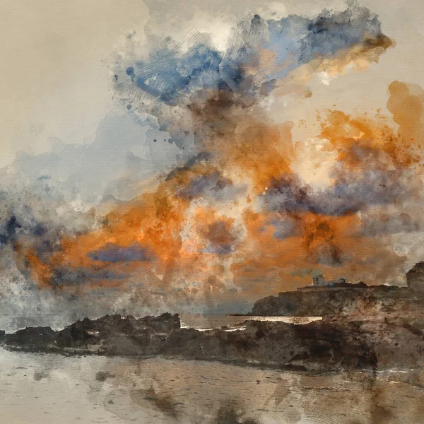 Aquarelle Numérique Paysage Aube Lever Soleil Sur Belle Côte Rocheuse — Photo