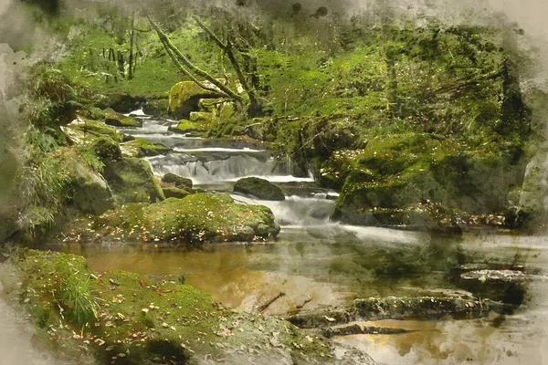 Digital Watercolour Painting Landscape Iamge River Flowing Lush Green Forest — Stock Photo, Image