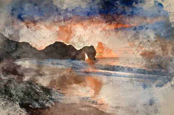 Pintura Digital Acuarela Hermoso Amanecer Sobre Océano Con Pila Rocas — Foto de Stock