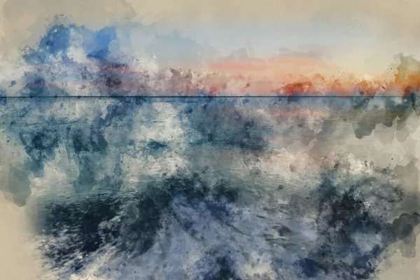 Digitální Akvarel Obraz Krásné Dlouhé Expozice Moře Obraz Klidného Oceánu — Stock fotografie