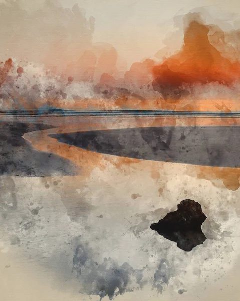 Digitale Aquarellmalerei Von Atemberaubend Bunten Lebendigen Sonnenaufgang Über Ebbe Strandlandschaft — Stockfoto