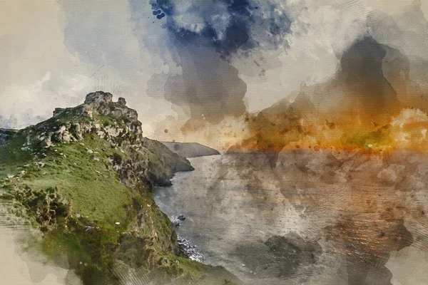 Digital Watercolour Painting Landscape Image Valley Rocks Devon Summer Sunset — Stock Photo, Image