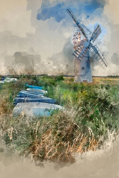 Digitales Aquarell Von Atemberaubender Landschaft Mit Windmühle Und Fluss Bei — Stockfoto
