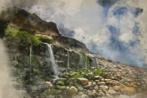 日の出の岩のビーチに流れる滝の風景のデジタル水彩画 — ストック写真