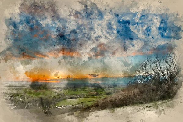 英国の田舎の風景の上の夕日の見事な風景画のデジタル水彩画 — ストック写真